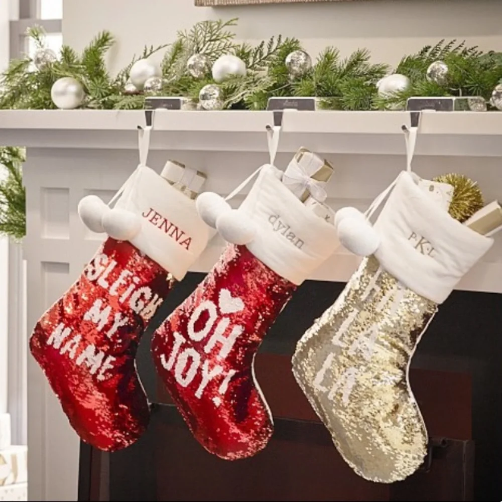 WEST ELM 3 GOLD SEQUIN CHRISTMAS STOCKINGS NWT